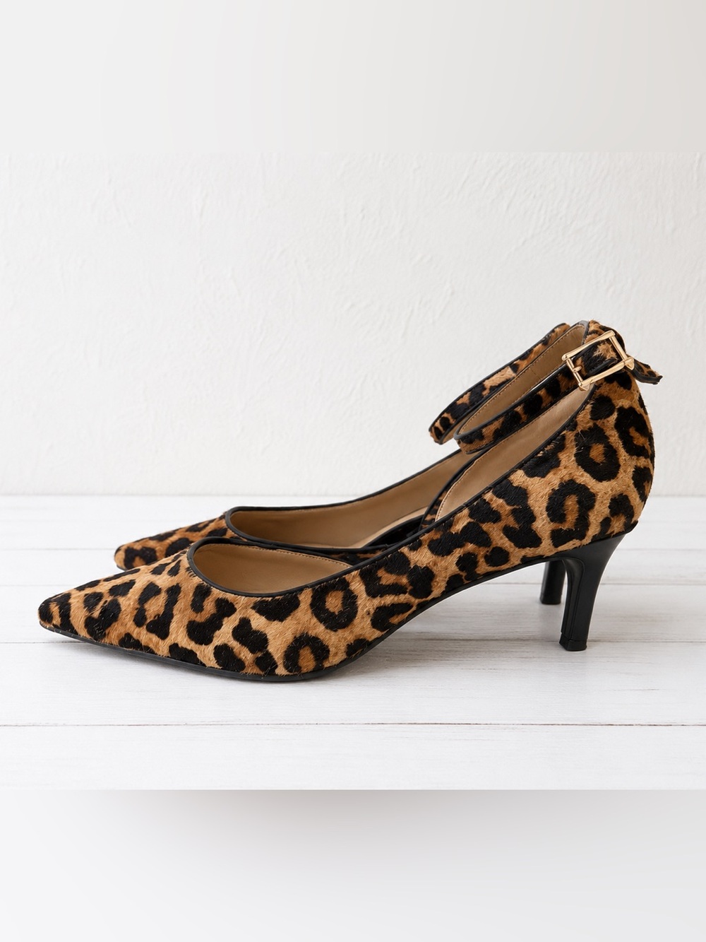 Franco Sarto Leopard Print Faux Fur Pointed Toe Ankle Strap Kitten Heel Pumps
